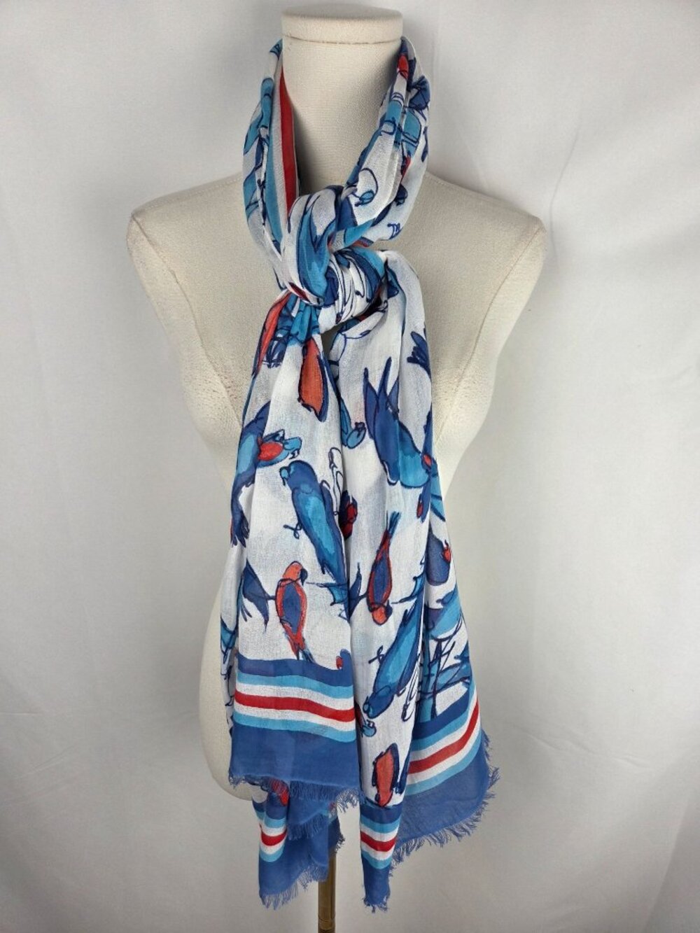 Tommy Bahama Scarf Blue Red White Tropical Parrot Print Lightweight Frayed 37x25